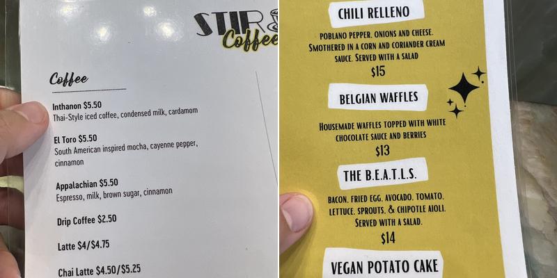 Stir Coffee & Cocktails Downtown Menu