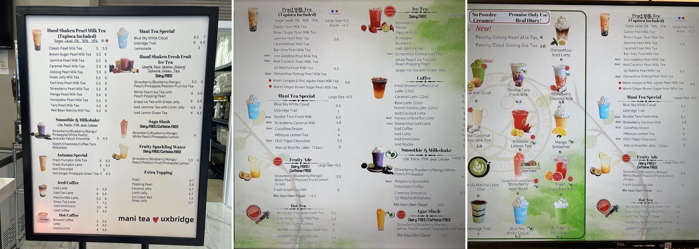Mani Tea Menu