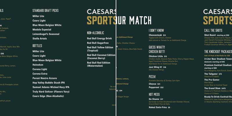 Caesars Sportsbook at Wild Wild West Menu