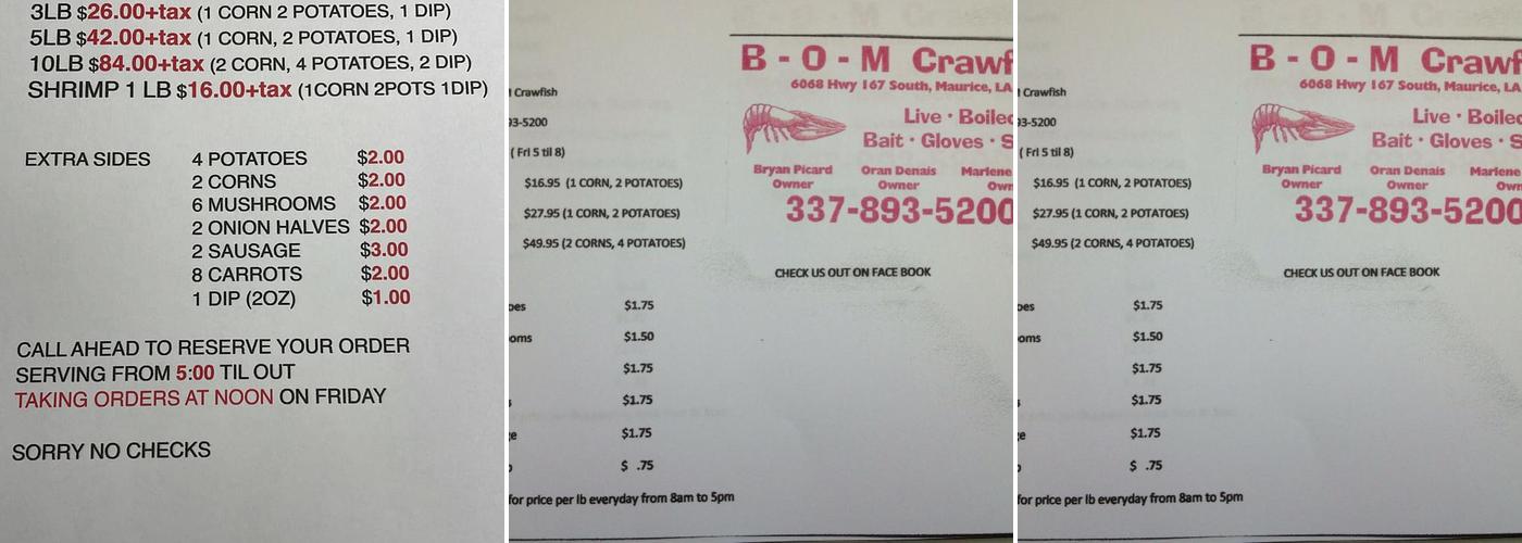 Bom Crawfish Menu