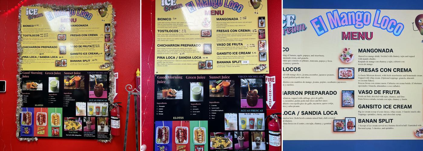 Ice Cream El Mango Loco Menu