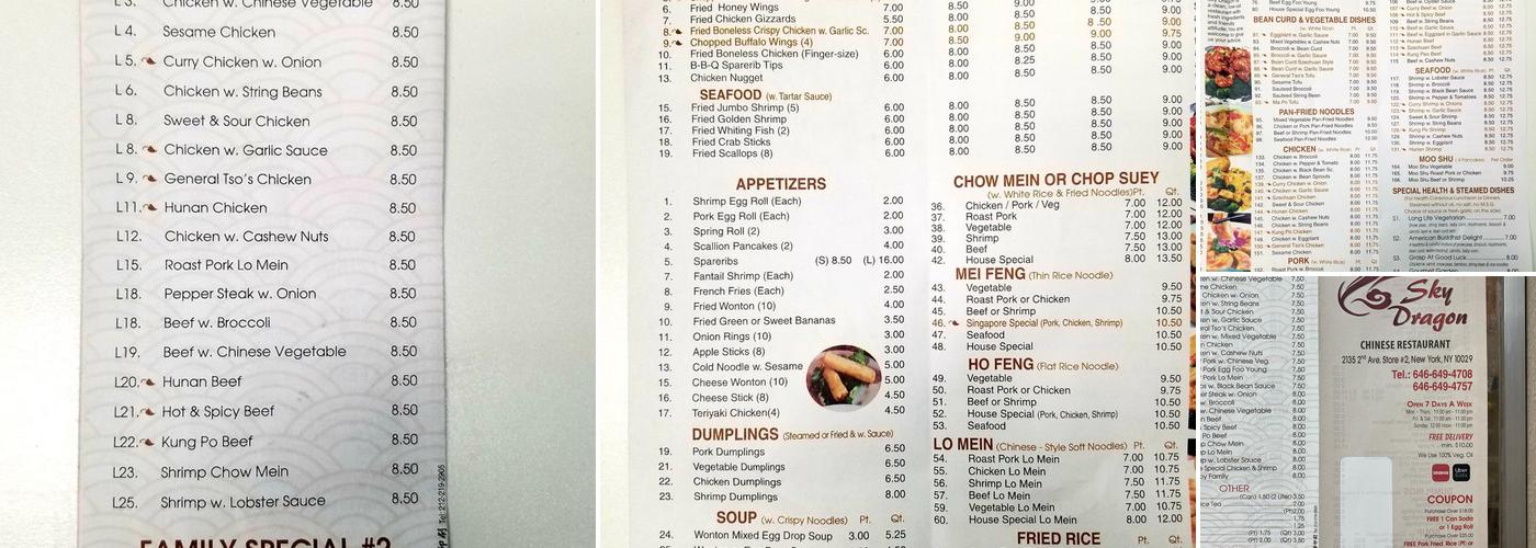 Sky Dragon Menu