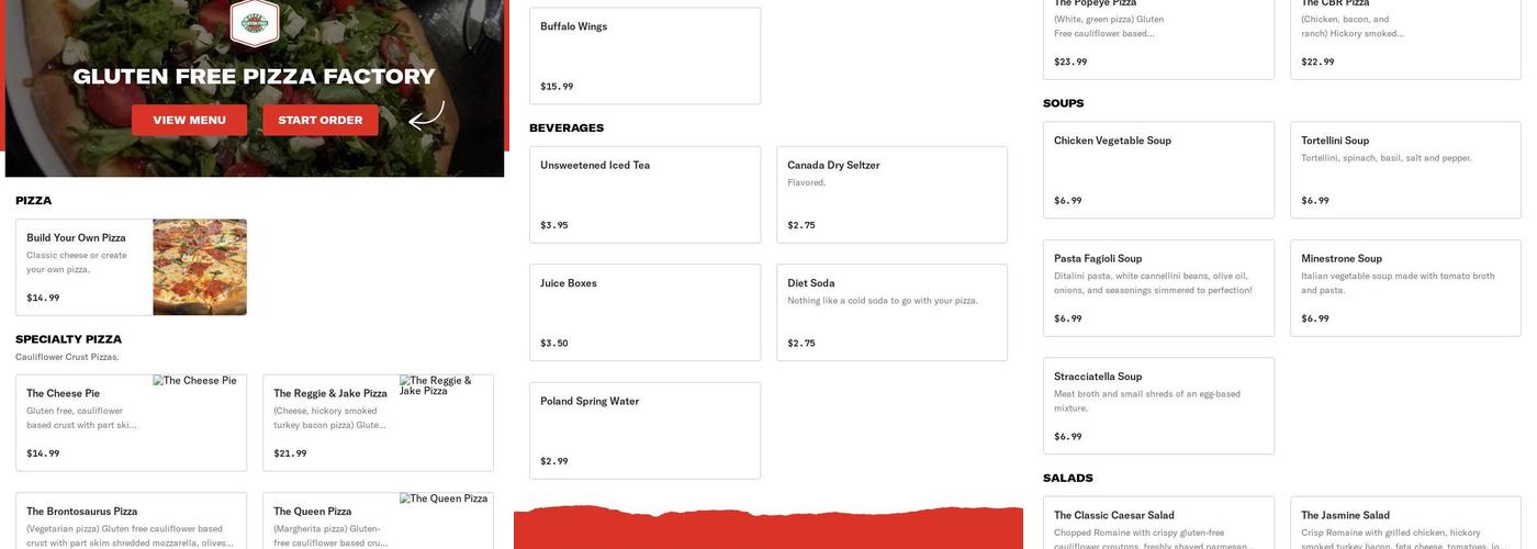 Gluten Free Pizza Factory Menu