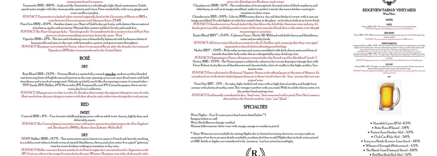 Ridgeview Farm & Vineyards/ Ridgeview Farm Brewing Co. Menu