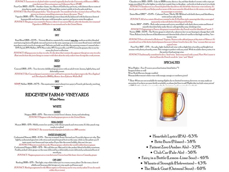 Ridgeview Farm & Vineyards/ Ridgeview Farm Brewing Co. Menu