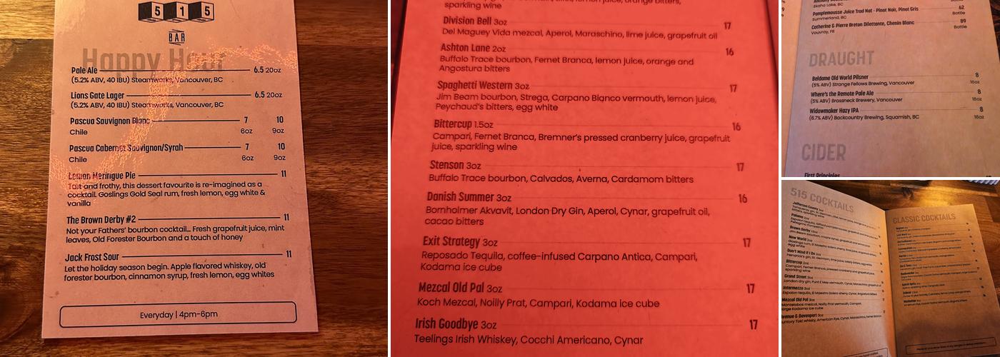 The 515 Bar Menu