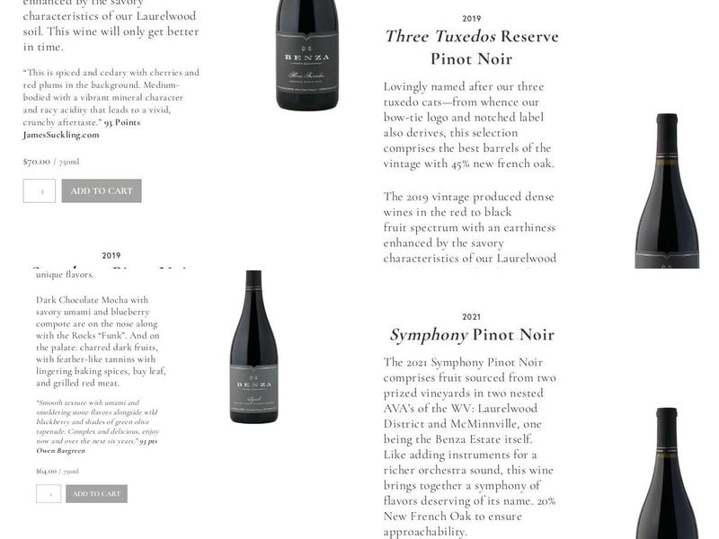 Benza Vineyards Menu