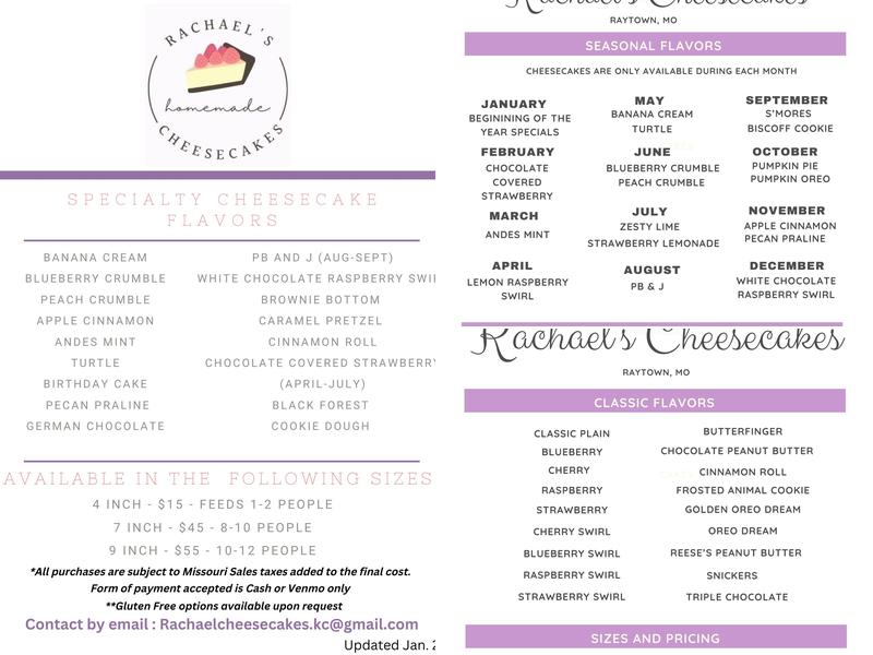 Rachael's Cheesecakes Menu