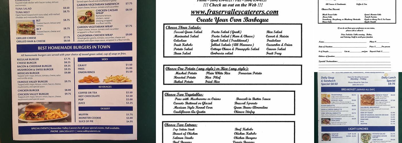 Valley Caterers Menu