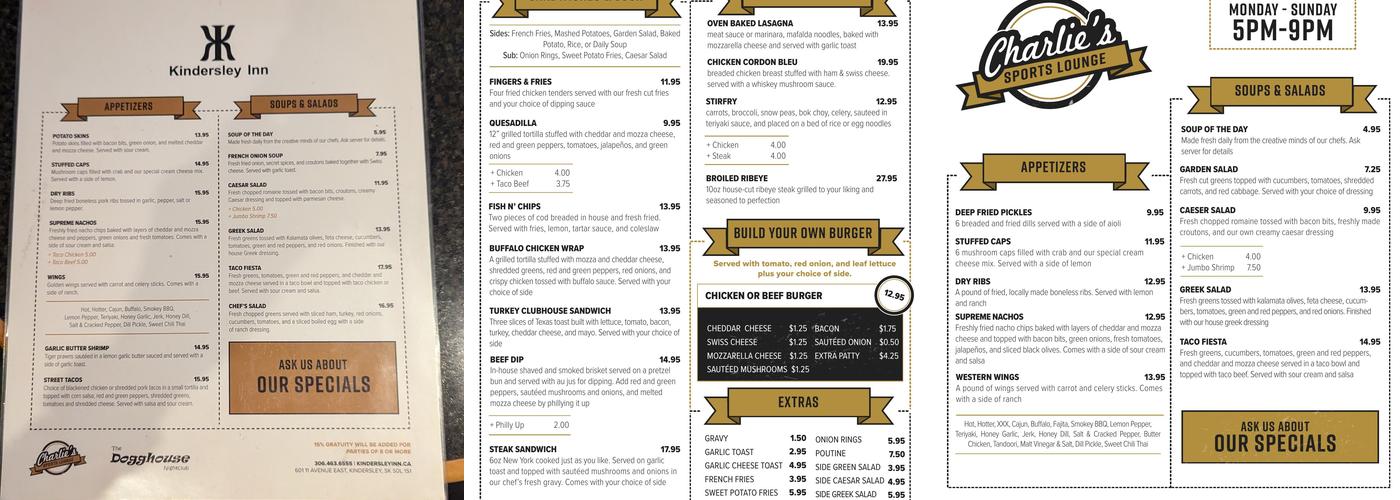 Charlies Lounge Menu