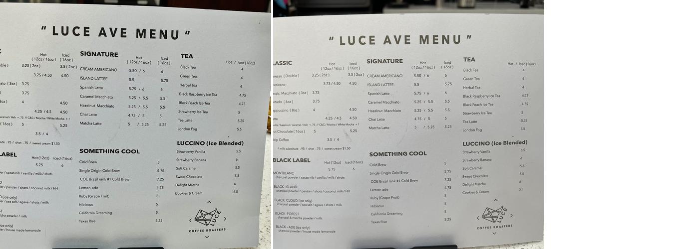 Luce Avenue Coffee Menu