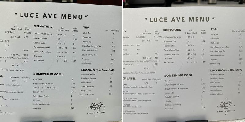 Luce Avenue Coffee Menu