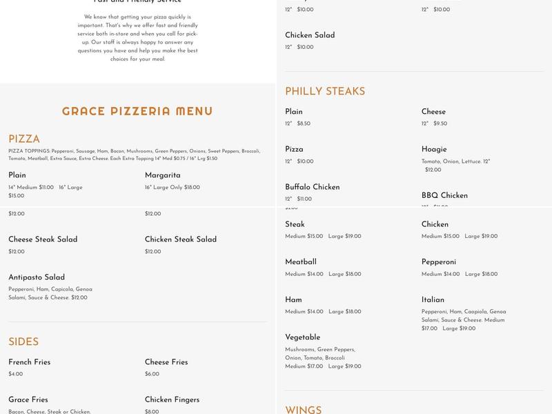 Grace Pizzeria Menu