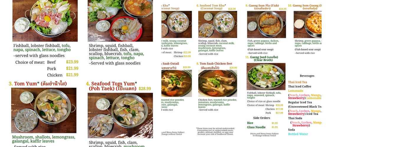 Thai Hot Pot Menu