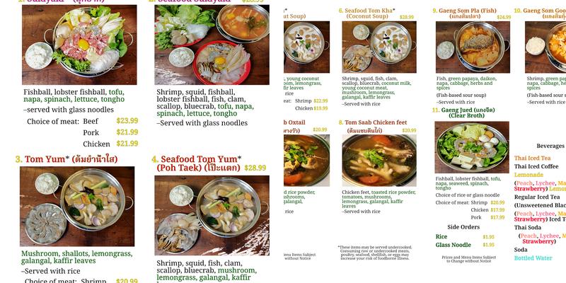 Thai Hot Pot Menu
