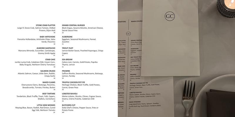 Grand Central by Nuno Grullon Menu