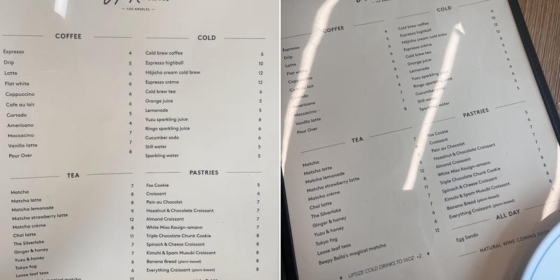 Café Kitsuné Los Angeles Menu