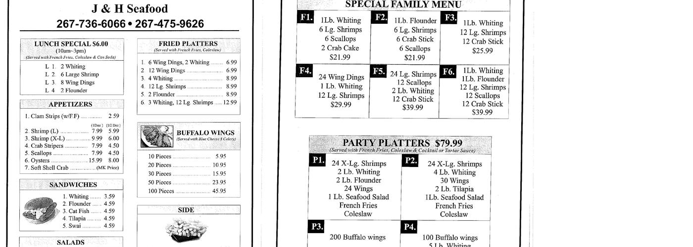 J&H Seafood Menu