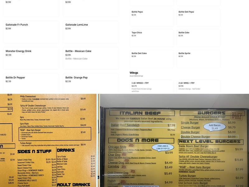 BADA BOOM BEEF, BURGERS, DOGS, & CHICKEN Menu