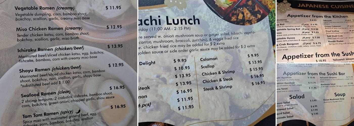Kasabi Japanese Steakhouse and Ramen Menu