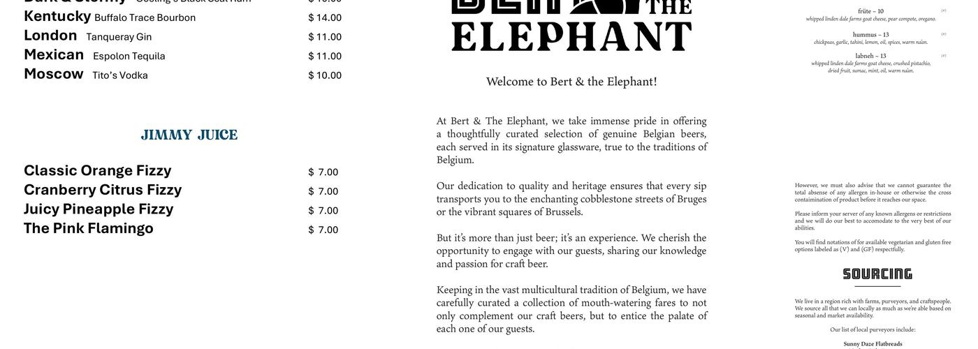 Bert & The Elephant Menu