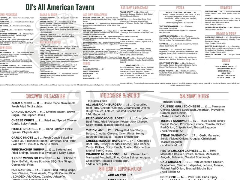DJ's All American Tavern Menu
