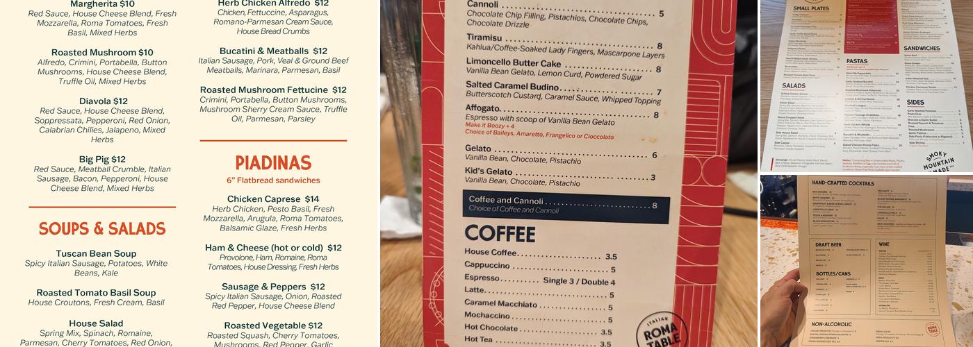 Roma Table Menu