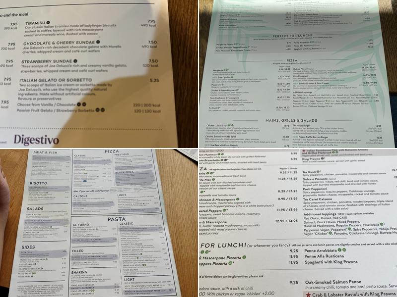 Prezzo Italian Restaurant Manchester Media City Menu