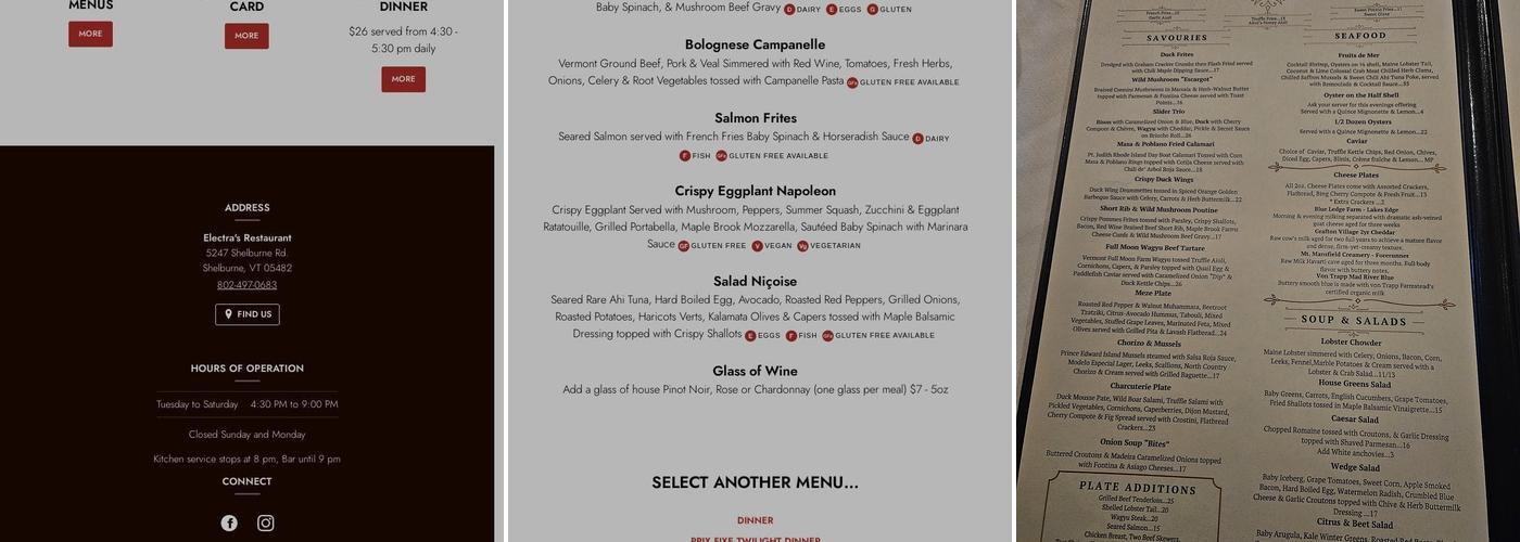 Electra's Restaurant Menu
