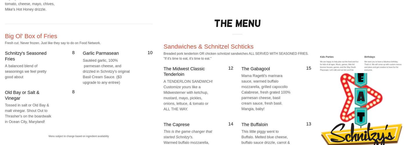 Schnitzy's Menu