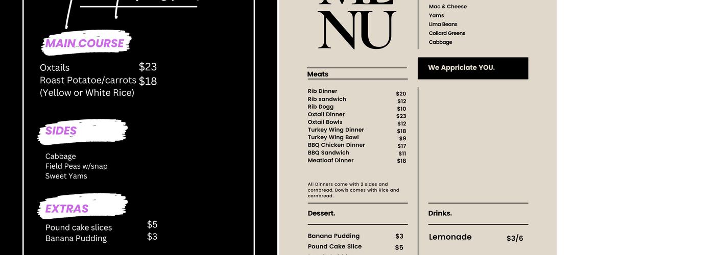 Not your Mammy's soulfood & BBQ Menu