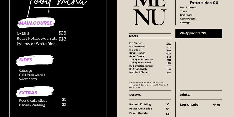 Not your Mammy's soulfood & BBQ Menu