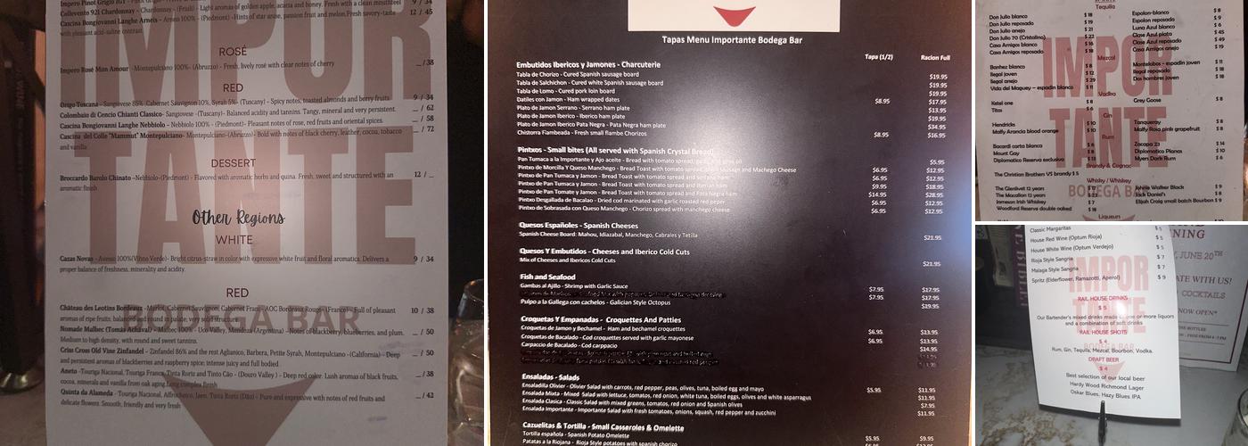 Importante Bodega Bar Menu