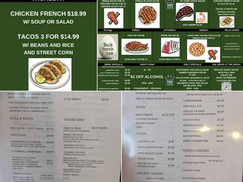 Back Porch 585 Tavern Menu