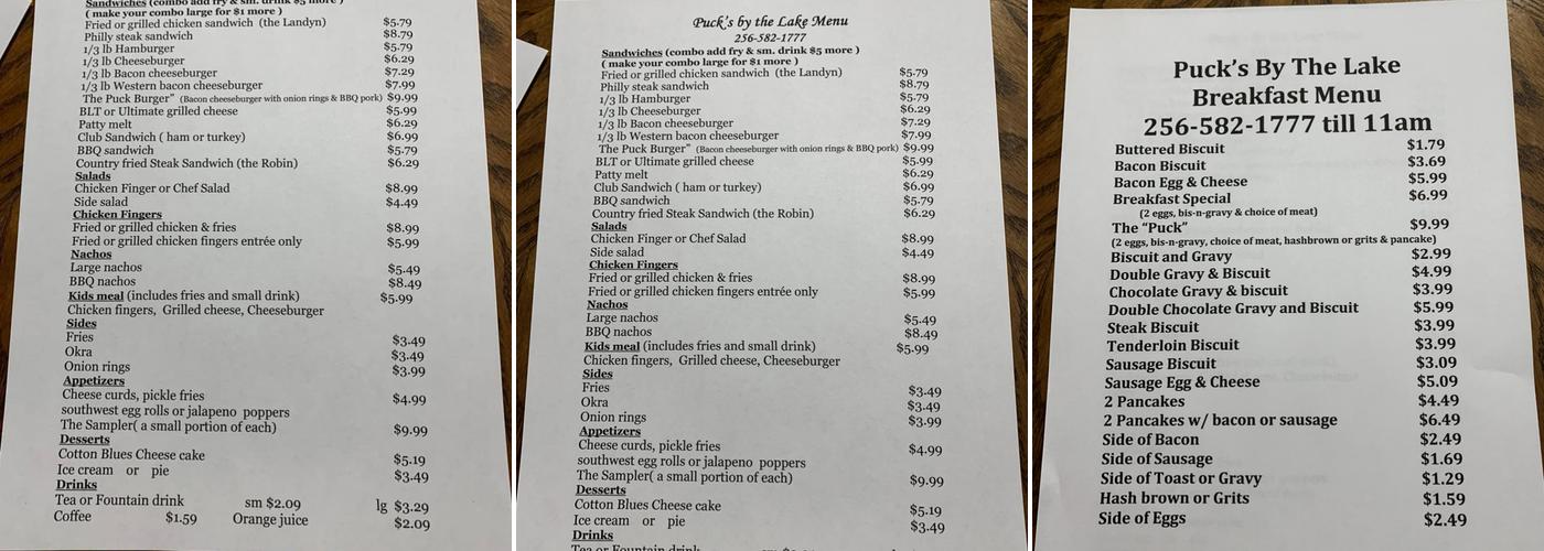 Puck’s by the Lake Menu