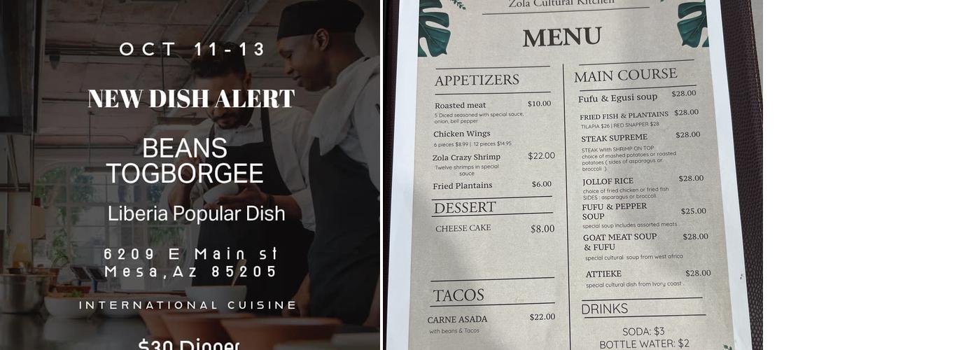 Zola Cultural Kitchen Menu