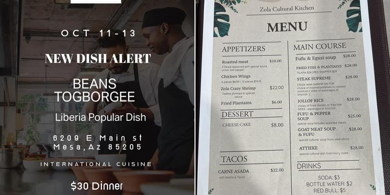 Zola Cultural Kitchen Menu