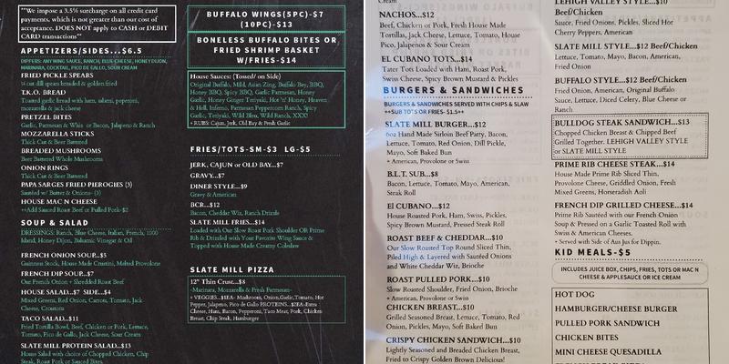 Slate Mill Tavern Menu