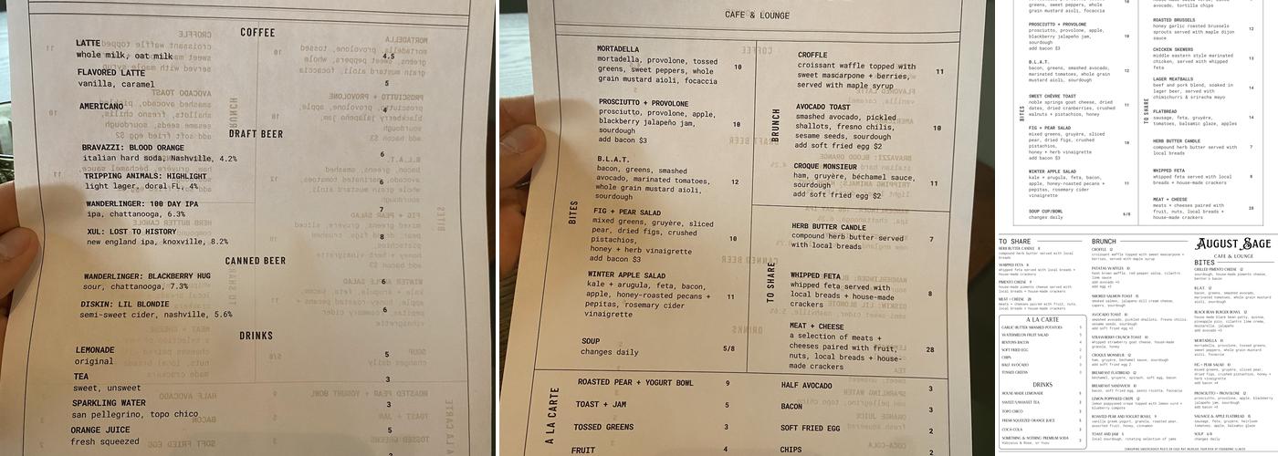 August Sage Cafe Menu