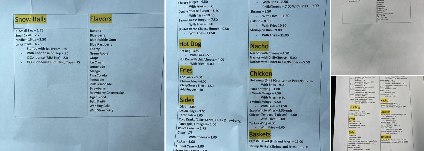 Teena’s Snowballs and Snacks Menu