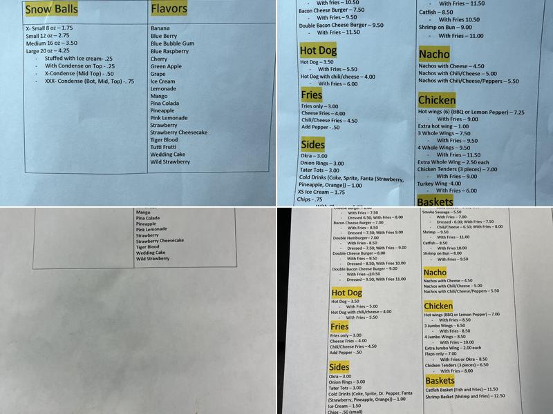 Teena’s Snowballs and Snacks Menu