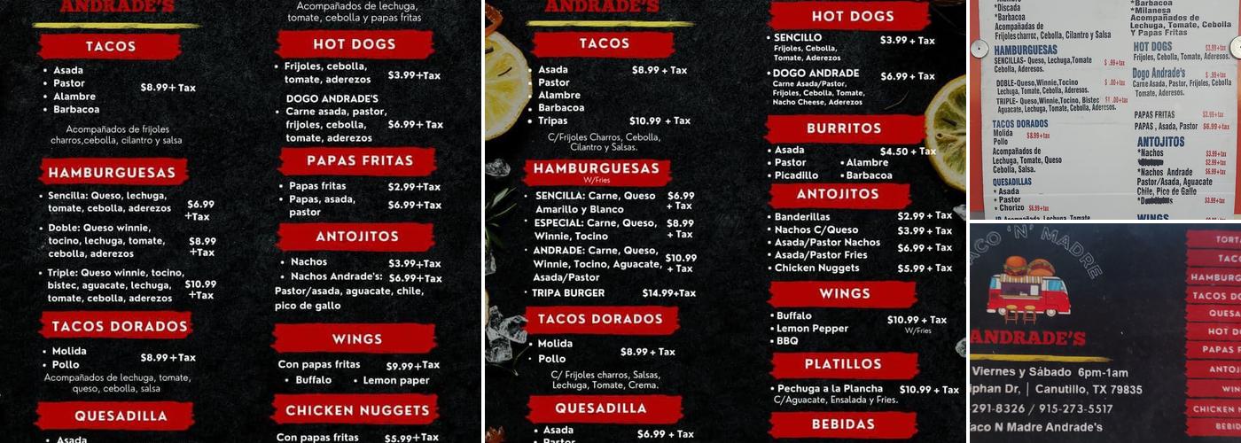 Taco 'N' Madre Andrades Food Truck Menu