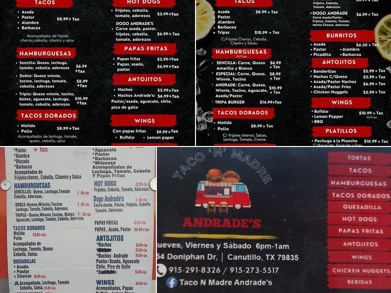 Taco 'N' Madre Andrades Food Truck Menu