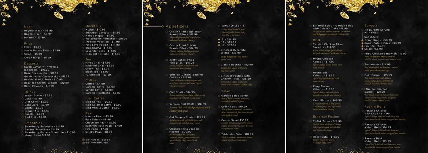 Ethereal Lounge Menu
