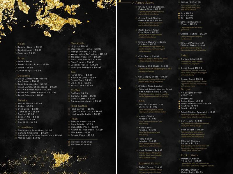 Ethereal Lounge Menu