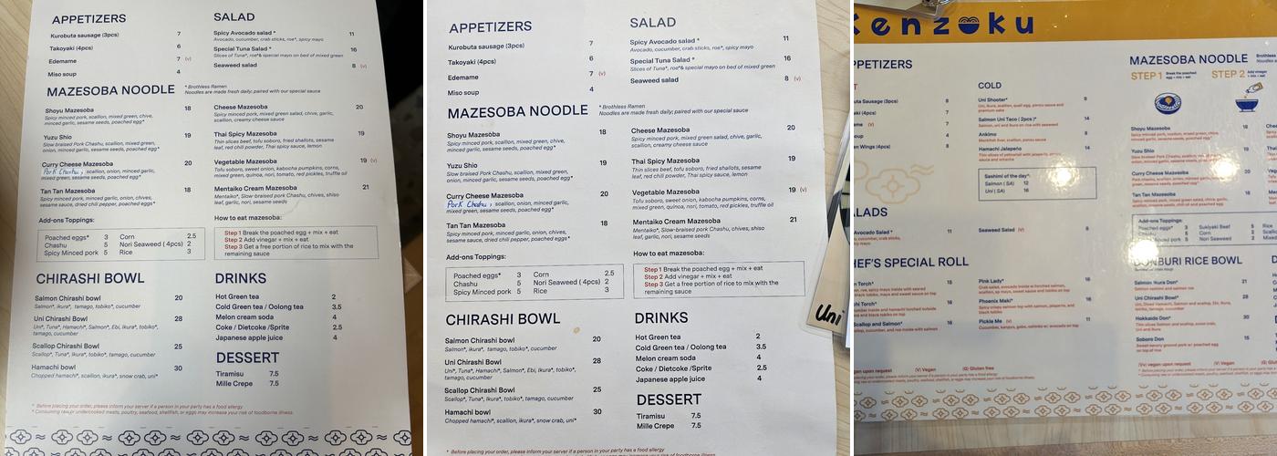 Kenzoku Mazesoba Menu