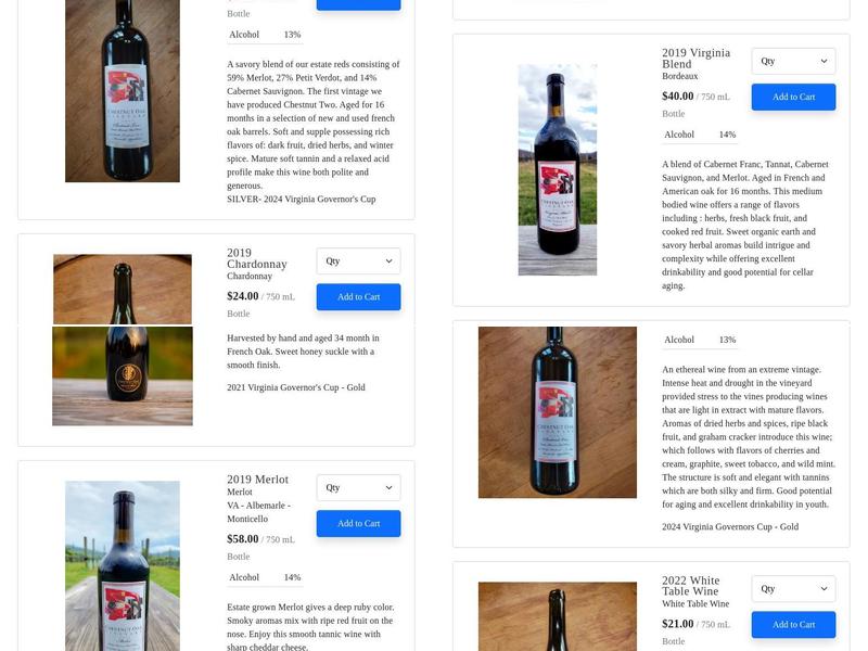 Chestnut Oak Vineyard Menu