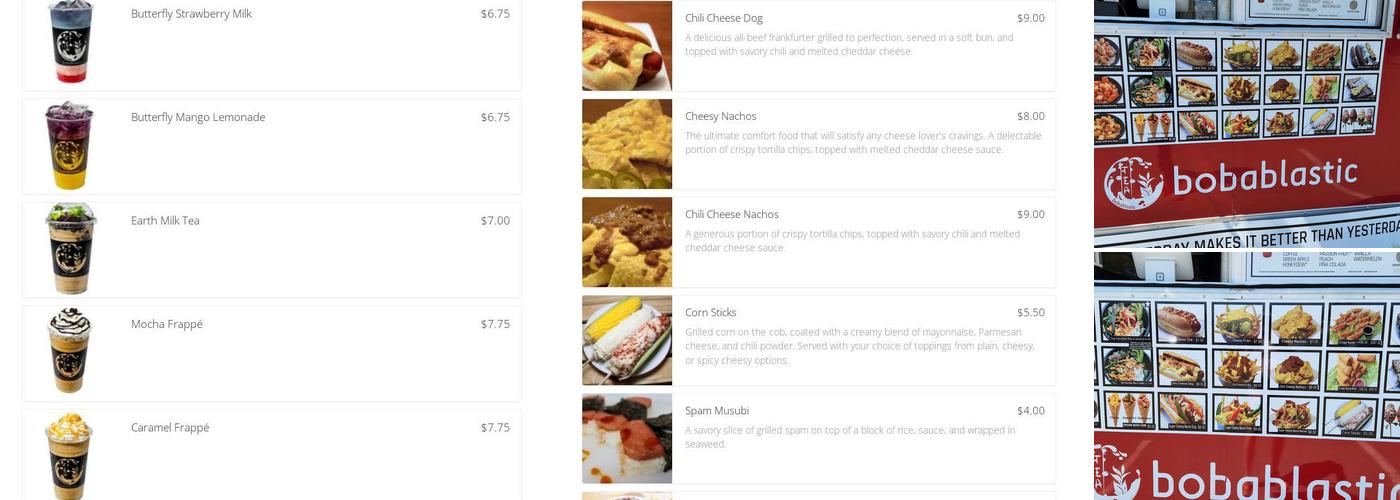 Bobablastic Menu