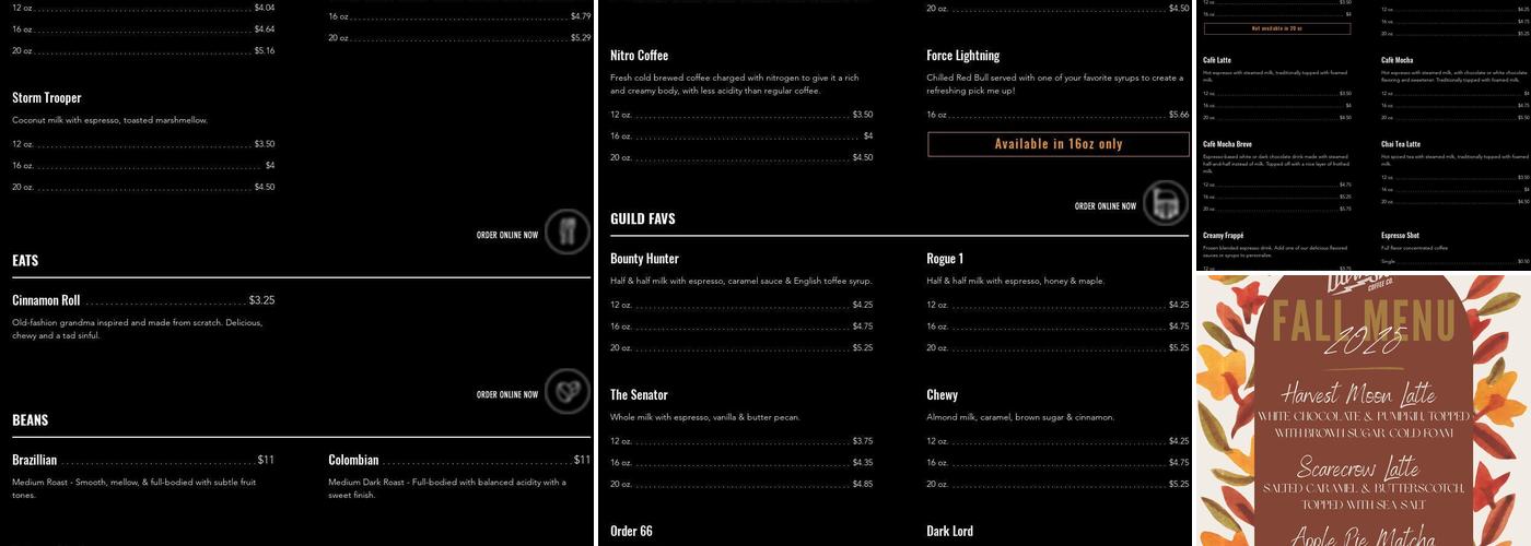 Dark Side Coffee Menu