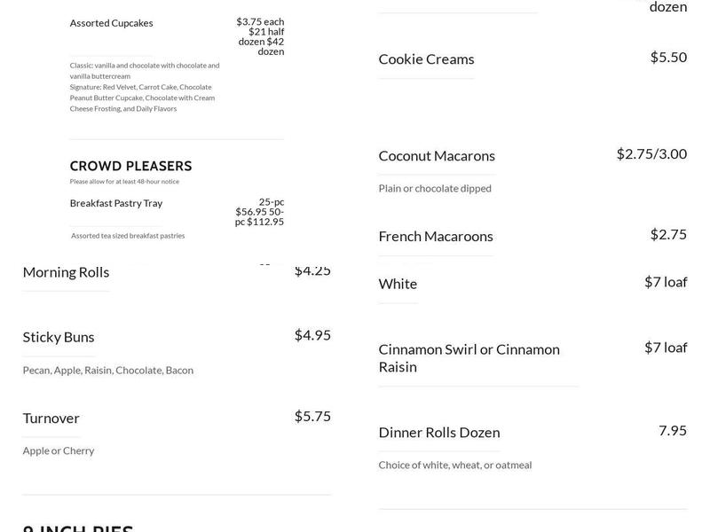 Bethany's Bakery Menu